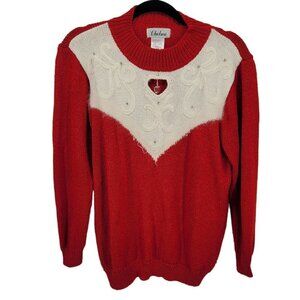 Chelsea womens large heart cut out embroidered red white 90s sweater VTG